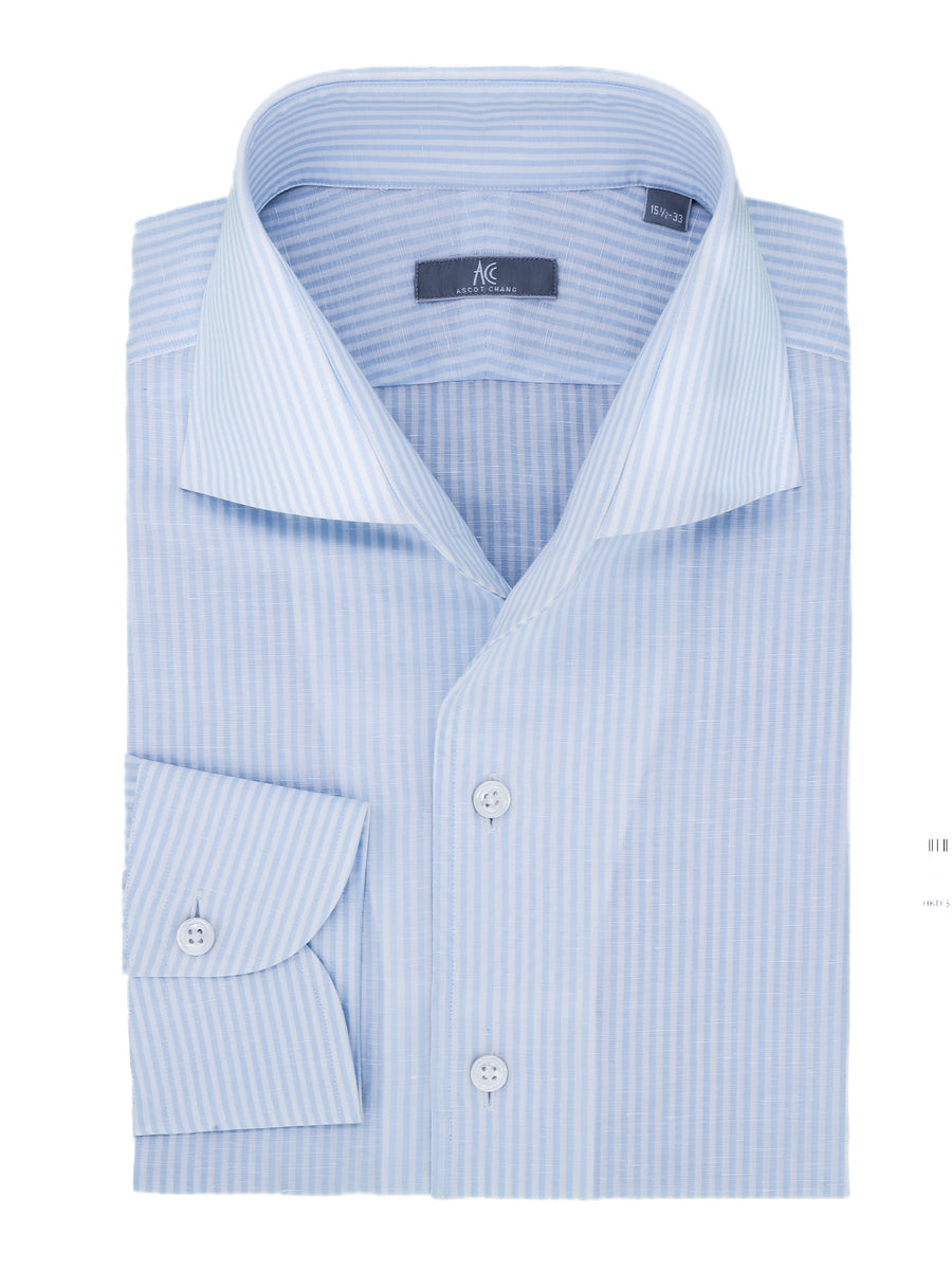 Sky Blue Stripe Cotton Linen Ascot Collar Shirt | Ascot Chang